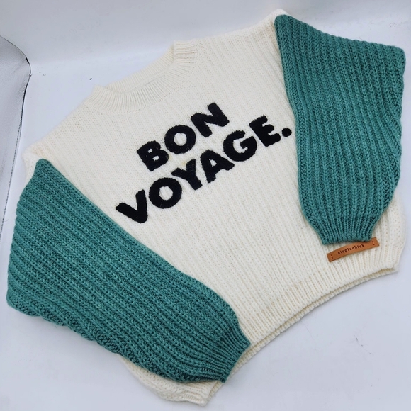 PIUPIUCHICK Knitted Sweater In Emerald And Ecru Embroidered "Bon Voyage" Size 6 - Picture 11 of 13